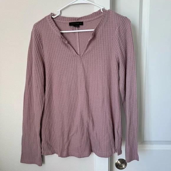 Sanctuary Light Pink Waffle Knit Long Sleeve V-Neck Top Size Medium Casual - Picture 1 of 10